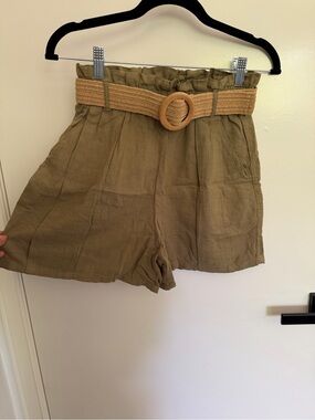 Zara High-Waist Paperbag Shorts with Woven Belt - Olive/Tan